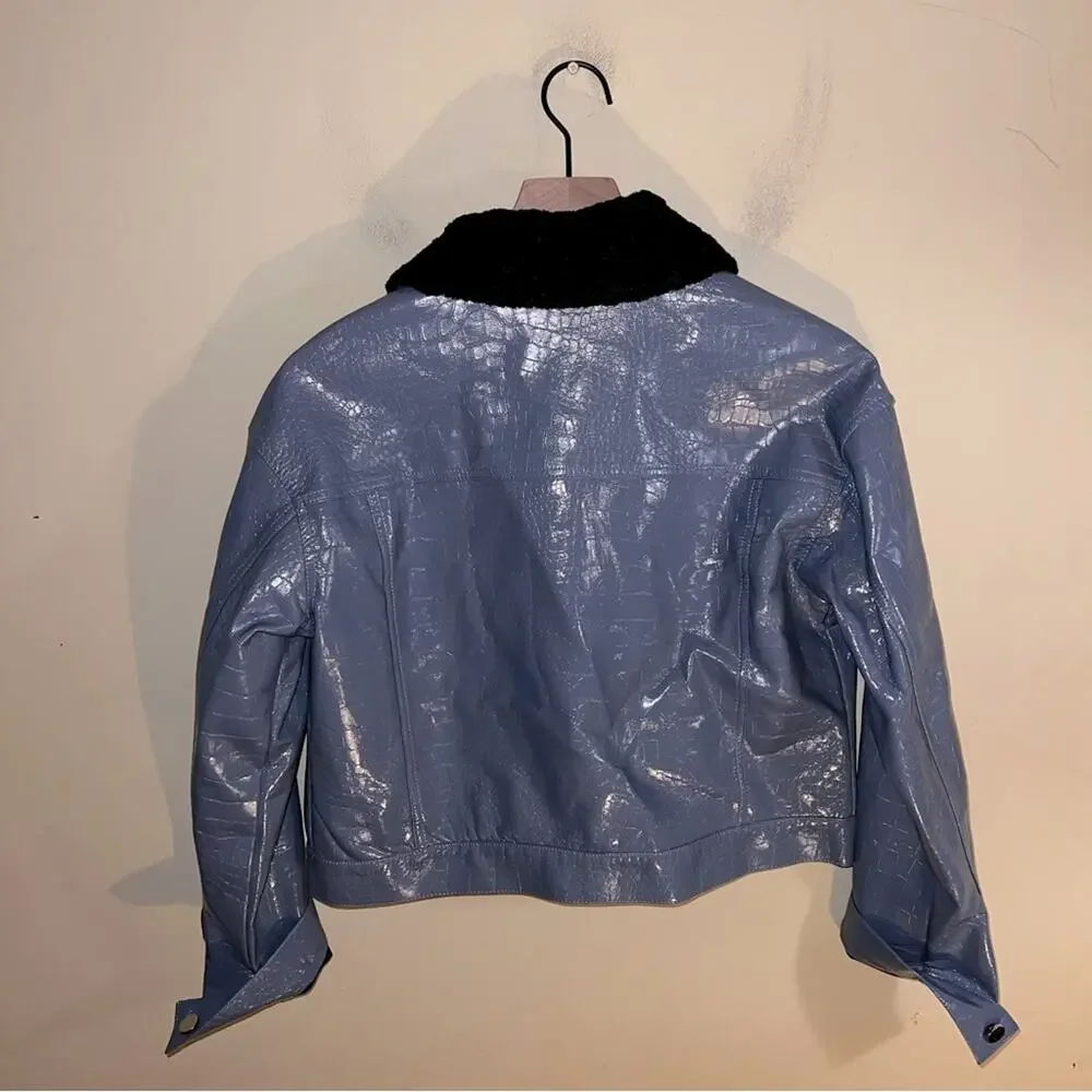 DOLCE CABO Womens Aviator Jacket Medium Blue Patent Leather Bomber Sherpa Y2k S - Picture 5 of 8